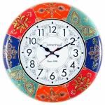 Antaryuga Multicolor Wood Rajasthani Handpainted Decorative Round Clock With 12 Inch Dial Number Clock For Home, Office, 18 X 18 Inches