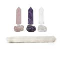 Astroghar Natural Amethyst Rose And Clear Quartz Micro Mini Pencils Tumbles And Selenite Rough Stick Set For Reiki Healing 30 mm