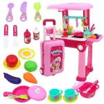 MyneeMoe 2 in 1 Little Chef Cooking Pretend Play Trolley Toy Set For Kids 3+ Yrs (Pink)