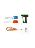 SHOPARAM Kitchen Tools Combo Set Pack of 4- Silicon Basting Spatula, Oil Brush, Manual Power Free Hand Blender/Egg Beater and Plastic Whisk