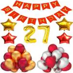 Fanex 27th Gold Number Foil Balloon & Red Happy Birthday Banner & 30 Piece Red,Golden & Silver latex balloons & 4 Star Foil Balloon For Birthday Decoration Items For Birthday Party (Set Of 37 Piece)