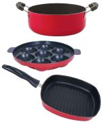 Nirlon 3 pcs of Red, Black 3 Layer Non-stick Aluminium Coated Chemical Free Kitchenware Essential Combo Set with Bakelite Handle Standard