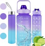 Kayru Water Bottle 2L, 3 Pack Sports Water Bottle with Straw Leak-Proof, Motivational Time Marker to Drink, BPA Free Plastic Large Water Bottle for Running Gym and Outdoor (Plastic | Set Of 3 | Multicolor)