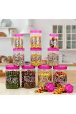 Skyheart Pink Plastic Round Shape Storage Spices Dry Fruits Cereals Snacks, Rice, Food for Kitchen Container 2000ml, 1000ml, 500ml - Pack of 12