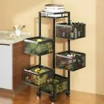 YASH Marketing 5 Layer Kitchen Rotating Trolley Portable Storage Rack Square Design Fruits & Vegetable Onion Cutlery, Spice,Jars Container Basket Organizer Holder Stand for Kitchen -(Black,Pack of 1)