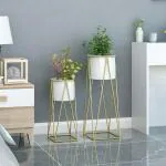 W A Handicrafts Planters for Indoor - Outdoor Plants & Modern Metal Floor Tall Plant Stand for Garden, Balcony & Living Room & Mid Century Plant Stands with Pots ( Set of 2, White)