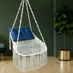Patiofy Premium Macrame Swing for Balcony Living Room-White with M Blue Cushion