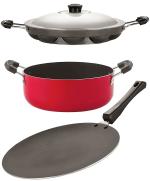 Nirlon 3 pcs of Red and Black Non-stick Aluminium Odour Free Kitchen Cookware Utensil Gift Set, Standard