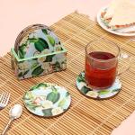 DULI Enamel Coated Green and White Round Engineered Wood Floral Tea Coasters with Stand - 10 x 10 cm (set of 6)