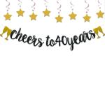 Festiko 40th Birthday Decoration Cheers To 40 Years Decor For Men Women Him Her Happy 40th Birthday Wedding Anniversary Supplies Black Glitter Decorations Combo (Banner, Swirls)