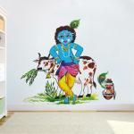 StickMe Multicolor Vinyl Krishna With Flute Krishna Flute Cow Gee Krishna With Gomatha Wall Sticker