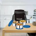 Sugar Homeware Cilindro stainless steel insulated lunch box tiffin carrier bag set of 3 blue for school office college travel gifting black