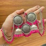 BUTTERCAP TRADERS PRIVATE LIMITED Kashmiri Trible Mangtika & Jhumka Earrings Set (Pink)