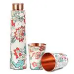 MERCAPE Pure Copper Water Bottle 900 ml with Glass Set (300 x 2 ) | Meena Flower Print Copper Bottle and Glass For Office, Travel, Gym & Gift Tamba Bottle