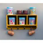 WOODSY Wall Mounted Kitchen Cupboard Organizer Rack with Hooks for Cups, Mugs, Coffee and Tea, Blue (Mustard)