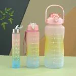 Inditradition 3 Pieces Combo Motivational Water Bottle Set For Day-to-Day Routine | With Time Marker, Funny Stickers, Straw & Handle (2L+900ml+280ml) (Pink With Multi Shades)