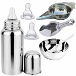 PGD Plain Silver Stainless Steel Baby Feeding Bottle with Feeder, Bowl, Idly Spoon, Spoon with 2 Silicon Nipple - 300 ml
