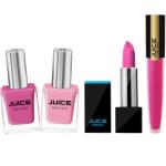 JUICE | HELLO PINK - 48 & SPONTANEITY - 70 NAIL PAINT, CANDY FLOSS M-1 LIPSTICK, FORBIDDEN FUCHSIA M-82 LIPTINT | WATERPROOF & LONG LASTING | COMBO OF 4