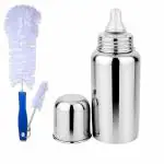 PGD Plain Silver Stainless Steel Baby Feeding Bottle with Cleaning Brushes (0-24 months) - 300 ml