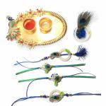 Sanvatsar Beautiful Combo Of 4 Peacock Feather Rakhi for Bhaiya Bhabhi and family with rakhi platter