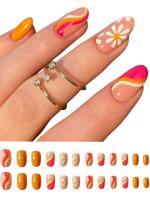 Secret Lives Artificial Designer Fake Nails Extension Gloss Mango Color White and Pink Curves 24 pcs Set