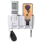 WALLVIEW TECH Plastic Wall Mount Mobile Holder with Remote Control Storage Racks Key Hanger Pen Holder Space | Self-Adhesive Multi Purpose Accessories| White | Pack of 2 | 11 x 3 x 7 cm