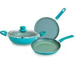 Bergner Teal Aluminum Non Stick 4piece Cookware Set, Kadhai with Glass Lid 24cm, Dosa Tawa 28cm, Frypan 24cm