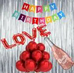 Webble Love and Birthday Decorations Kit for Boyfriend, Girlfriend, Husband, Wife - 41 pcs Combo Sets - Love Letters, Happy Birthday Banner, Foil Bottle, Balloons and Fringes (Red and Silver)