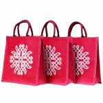 CARRY CLOUD Jute Bags with Floral embroidered for Return Gifts | Jute Thamboolam Bags for Return Gifts |Tiffin bag | Wedding Return Gifts Jute bag 35 * 35 * 12cm | Pink | Pack of 3