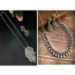 Royale Diva Premium Quality Designer Oxidized Stone Choker Set with a Touch of Elegant and Silver Plated Oxidised Floral Art Necklace With Jhumka Earrings Pack Of 2