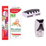 Colgate Enamel Protection Toothpaste for Kids (0-2 years), Natural Fruit Flavour, Fluoride Free, SLS Free - 70g Tube + Free wall mount automatic toothpaste dispenser+ Colgate Kid's Extra Soft Toothbrush with Tongue Cleaner