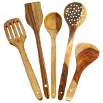 Etsibitsi Brown Wood Rice Serving Spoon, Big Spoon, Frying Spoon, Serving Spoon And Saptula (Combo Of 5)
