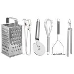 DreamBasket Grater & Pakkad & Pizza Cutter & Egg Whisk & Roti Chimta & Potato Masher for Kitchen