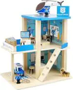 THE BRAIN GYM FACTORY-Wooden Police Station Playset Toy, Multicolor 3-Level Pretend Play Dollhouse Set with Figures, Car, Preschool Learning Educational Toys for Toddlers Kids Age 3 and up