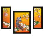 ArtX Multicolor National Bird Traditional Peacock Floral Wall Art Painting (Set Of 3) 22.5 X 13.5