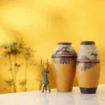 Artysta Set of 2 Madhubani Hand-painted Decorative Terracotta Vase (6.2 inch, Yellow)
