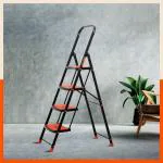 Bathla Boost Rhino 4-Step Foldable Steel Ladder for Home with Anti-Slip Steps (Black + Orange)