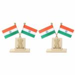 VOILA Indian Flag in Pair with Satyamev Jayate Symbol in Square Shape Stand for All Car Desk &amp; Office Table, Wooden Flag (Set of 2)