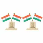VOILA Indian Flag in Pair with Satyamev Jayate Symbol in Square Shape Stand for All Car Desk & Office Table, Wooden Flag (Set of 2)