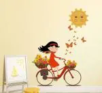 Lanstick Vinyl Multicolor Girl Cycling With Sun Self Adhesive Wall Sticker 30 inch