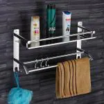 Dev Enterprise Stainless Steel Bathroom Shelf/Rack with Towel Holder/Towel Hooks/Bathroom Accessories Wall-Mount (Chrome Finish) (2-Tier)