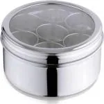 LIMETRO STEEL Masala Dabba Stainless Steel, See Through Lid with 7 Containers, and Spoon - 2000 ml