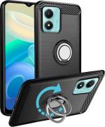 Unistuff Back Case Cover for Vivo Y02s with Magnetic Kickstand | Premium Matte Finish | Camera Bump Protection | Rubberized Ring Cover - Night Black, 78068