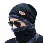 KATHIYAWADI Winter Cap Hat Scarf Set Warm Knit Hat Thick Fleece Lined Winter Cap Neck Warmer for Men Women