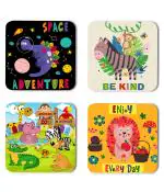 Whats Your Kick Cartoon Animals With Space Adventure Be Kind Enjoy Every Day Quotes Printed Set of 4 Coaster With Metal Stand