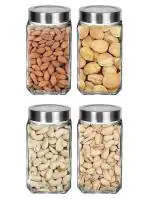 Piramal Glass Cubical Square 1000ml Transparent Glass Jars & Containers for Kitchen Pantry- Storage with Lid (1 Ltr, Set Of 4)