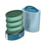 VAYA TYFFYN Blue Oval Shape Stainless Steel Office Tiffin Box with Four Microwave Safe BPA Free Plastic Lunch Containers, 1200 ml