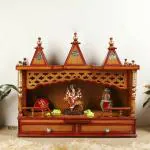 DZYN Furnitures Sunanda Bhawan Large Wall Mount Pooja Mandir without Door (Teak Gold)
