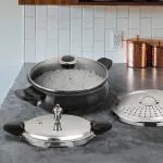 Vinod Kraft Hard Anodized Magic Pressure Cooker - 5.5 Ltrs with Strainer & Glass Lid (Induction Friendly)