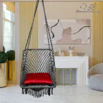 Patiofy Premium Large Square Hanging Swing Chair with Red Square Cushion- Grey